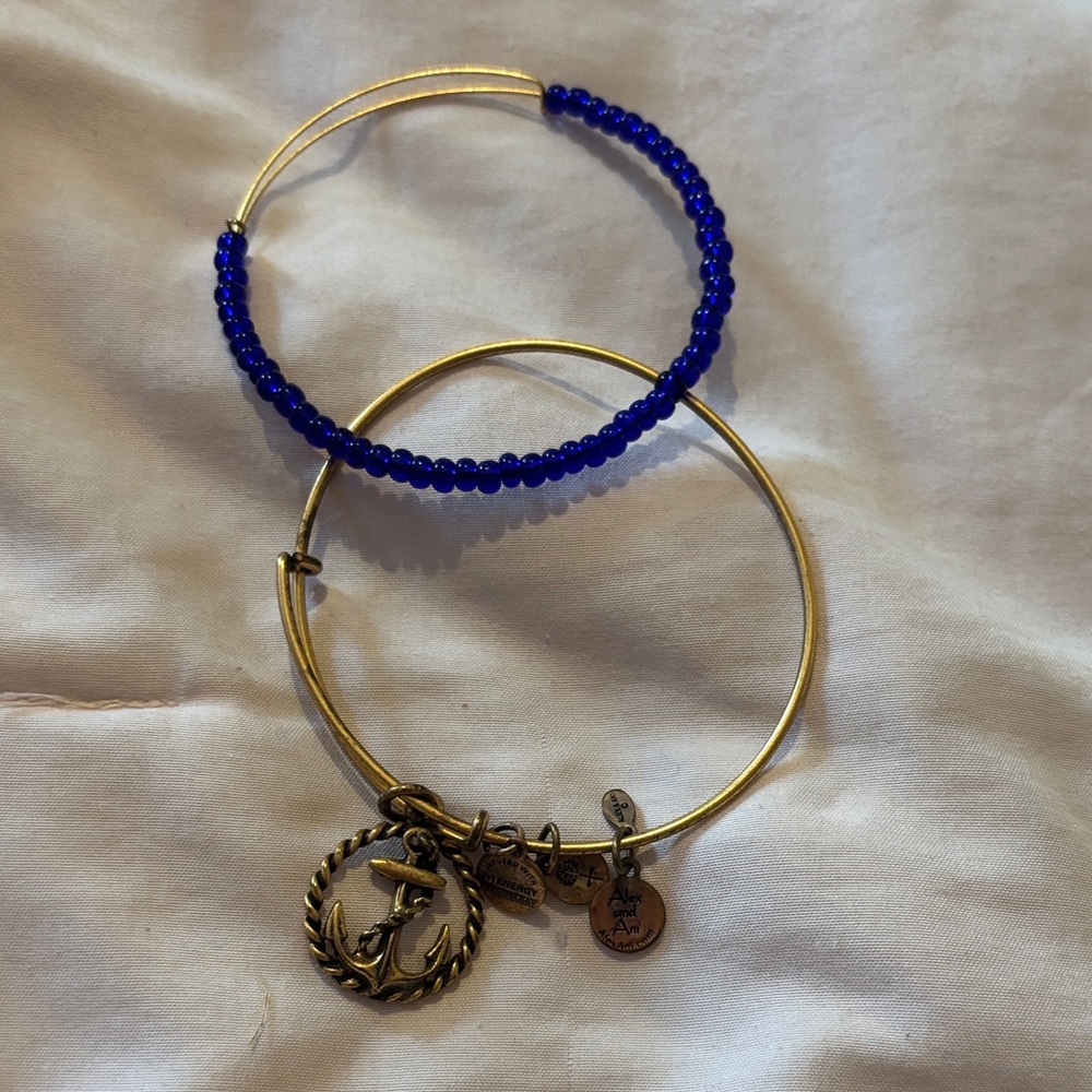Alex and Ani Gold Anchor Charm Bracelet with Blue Beads